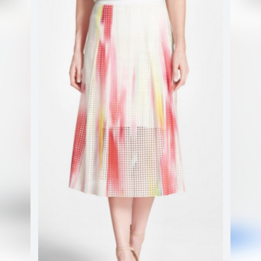 ELI TAHARI Tie Died Pastels Eyelet Skirt Fully Lined Tummy Control Mid Length 10
